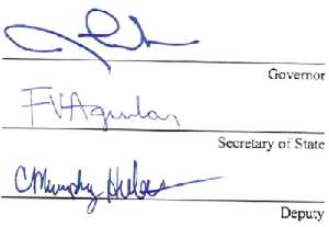 Governor Lombardo, Secretary of State Francisco Aguilar and Deputy SOS Murphy Hebert's Signatures