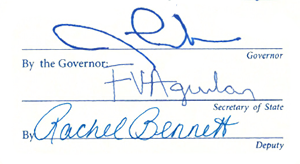 Governor Lombardo, Secretary of State Fracisco Aguilar and Rachel Bennet's Signatures